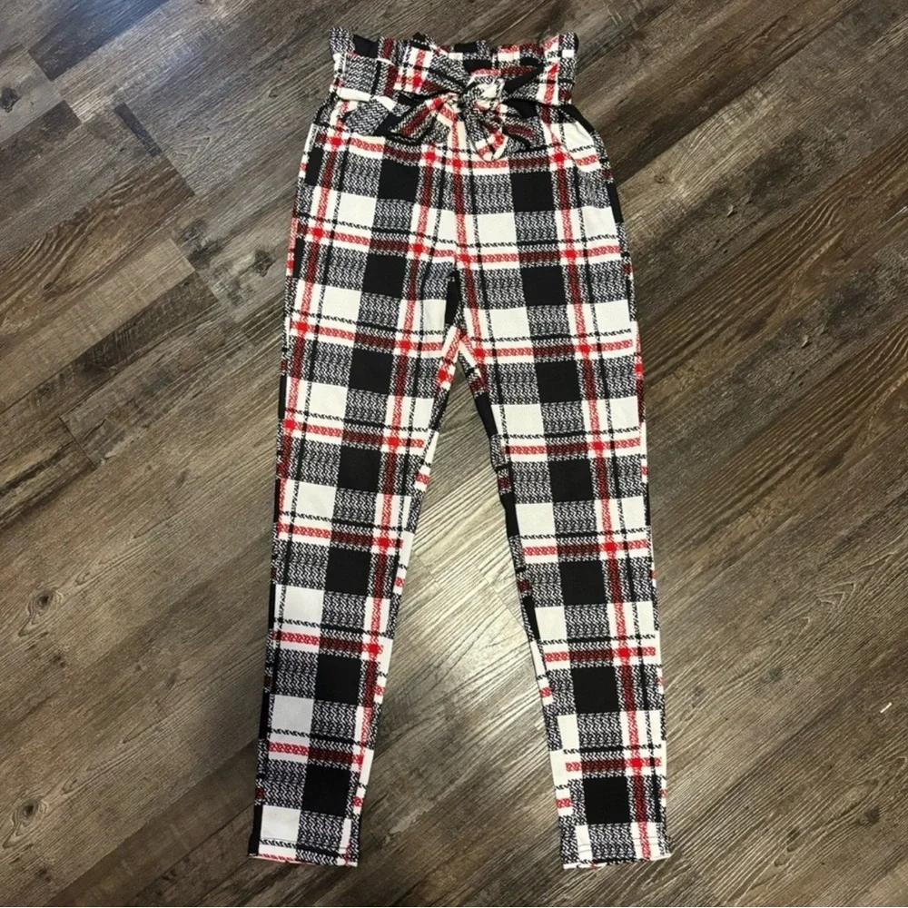 Plaid High-Waisted Pants with Bow, size S - Picture 2 of 3